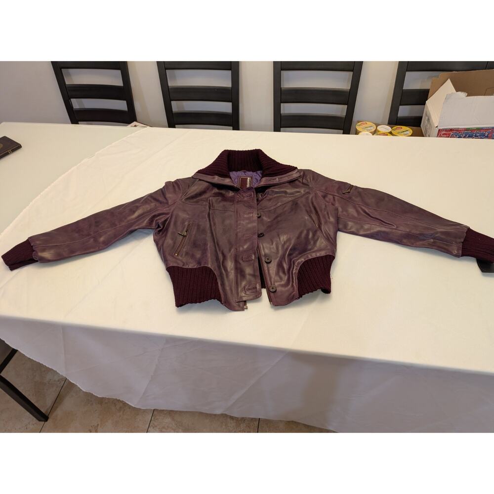 Knoles & Carter 4XL Leather Bomber Jacket Purple Quilted Rib Knit Trim